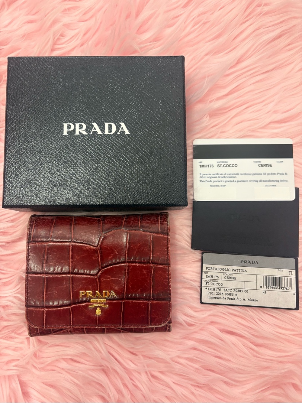 Prada Crocodile Embossed Leather Trifold Wallet Cerise Red with Box and Card